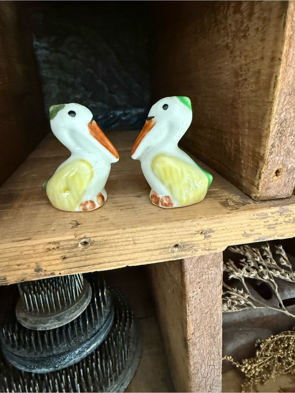 Miniature Ceramic Pelican Salt and Pepper Shakers - White and Orange